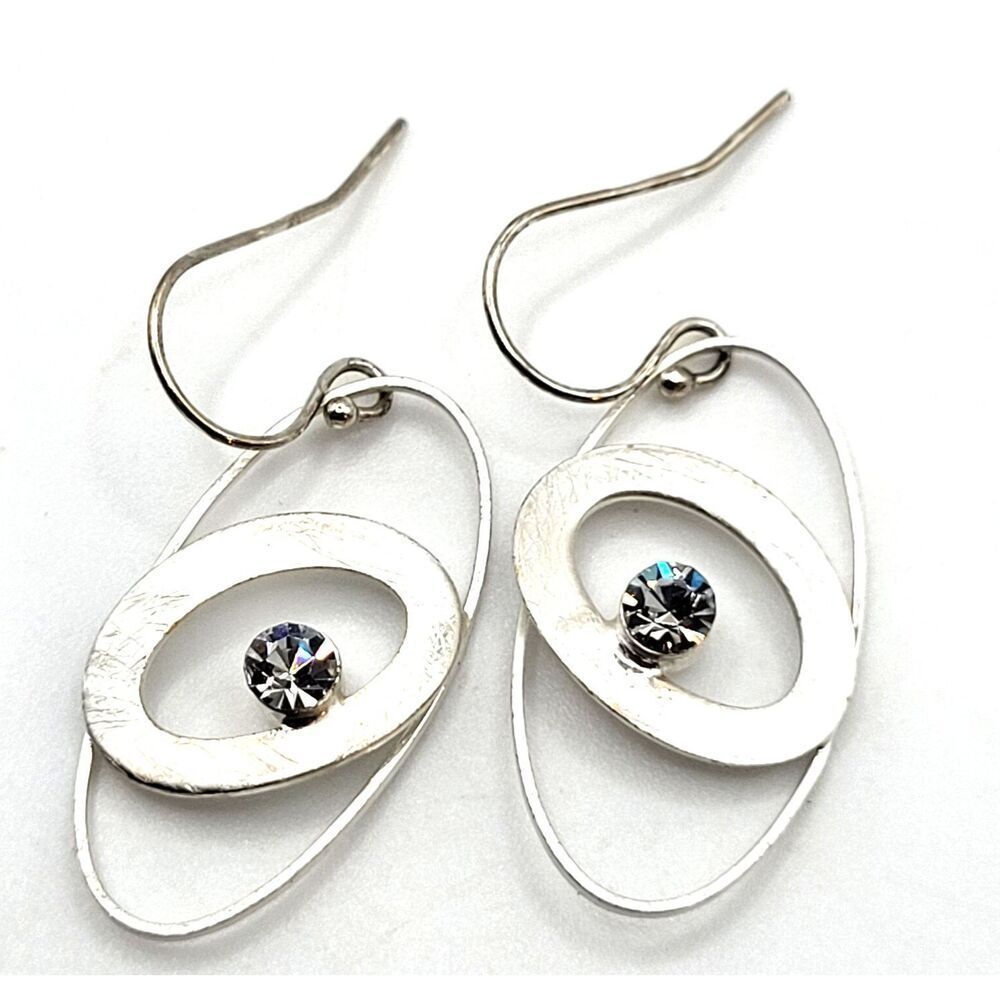 Vintage Crystal Silver Oval 1.5in hook Dangle Drop Earrings